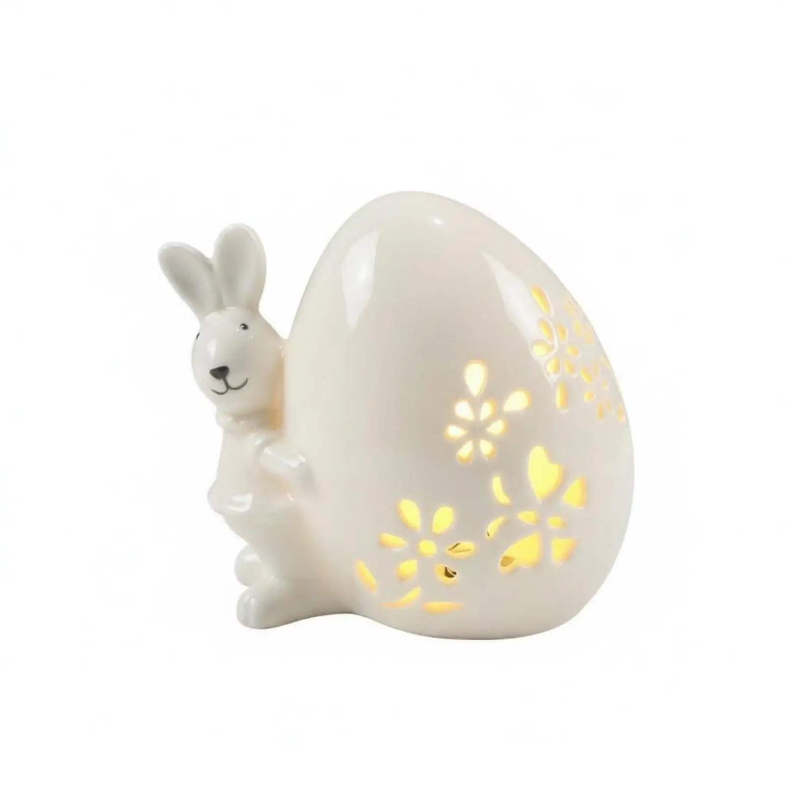 Decorative Ceramic Bunny Lamp for Room Cozy Warm Light Hollow Out Floral Design White Porcelain Table Lamp for Office Shelf