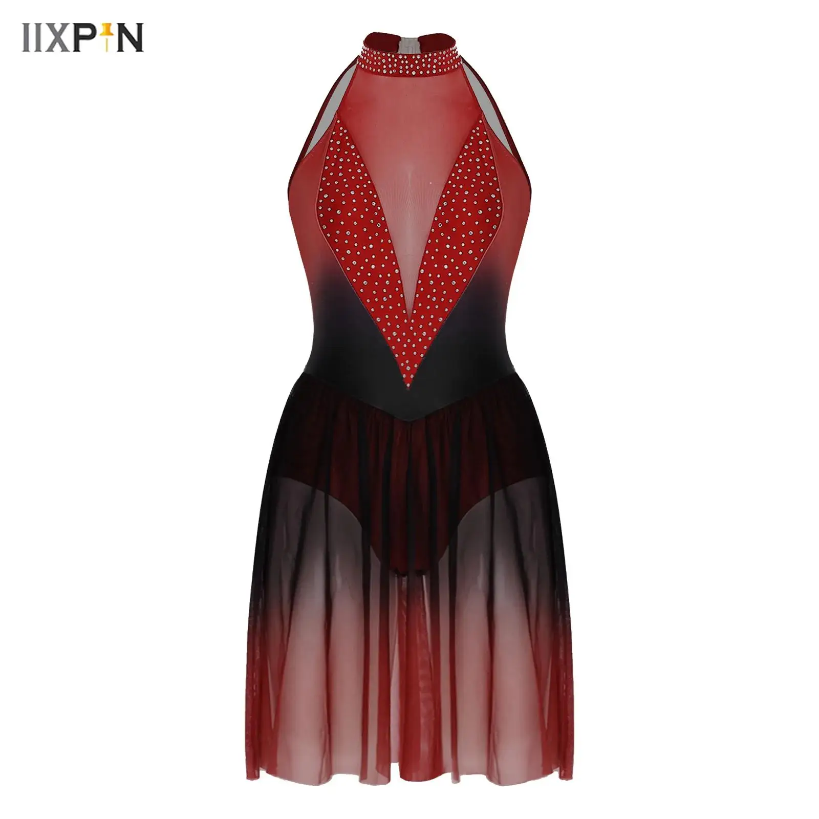 

Womens Lyrical Dance Dress Halter Cutout Back Shiny Rhinestones Gradient Color Sheer Mesh Patchwork Dress for Ballet Competition