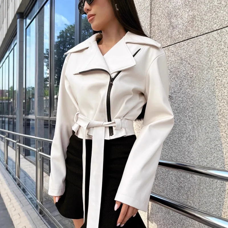 Jaqueta curta com zíper lateral mulher lapelas mangas compridas casaco commuter cáqui emagrecimento rendas até jaqueta de couro casual roupas femininas