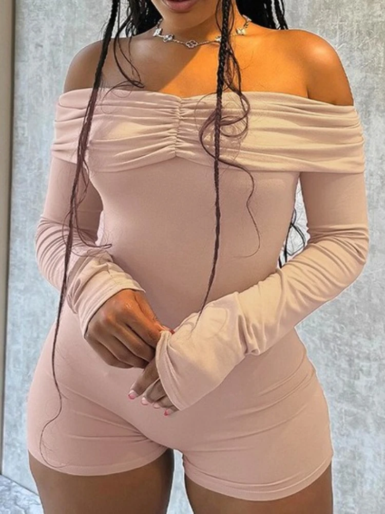 

Foamlina женский комбинезон с открытыми плечами и длинными рукавами, однотонный облегающий комбинезон для клубной вечеринки, цельный наряд Y2K, уличная одежда, осень 2025 г.