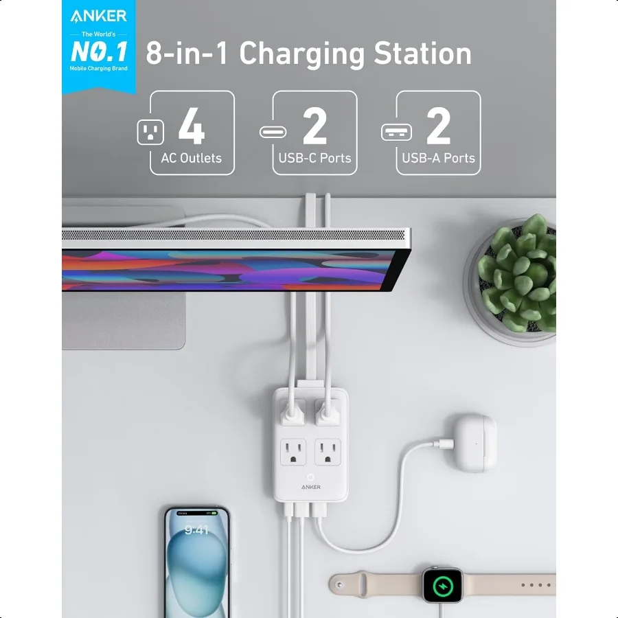 محطة شحن أنكر 20 وات بحد أقصى 8 في 1 USBC شريط طاقة لهاتف iPhone 15 14 وكتاب Air Pro سلك رفيع بطول 5 أقدام مع 4 تيار متردد 2 USBA و2 US