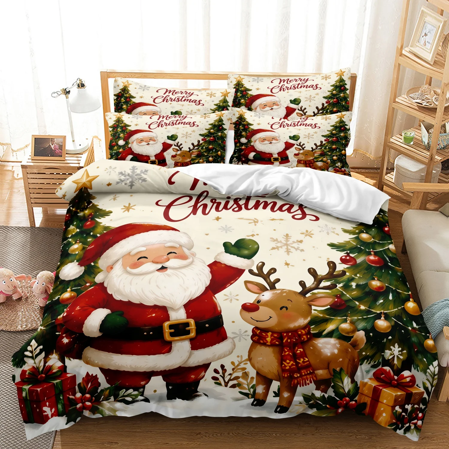  3Pcs Santa & Reindeer Christmas Print Duvet Cover Set, Xmas Trees Gift Boxes and Snowflakes Print Bedding