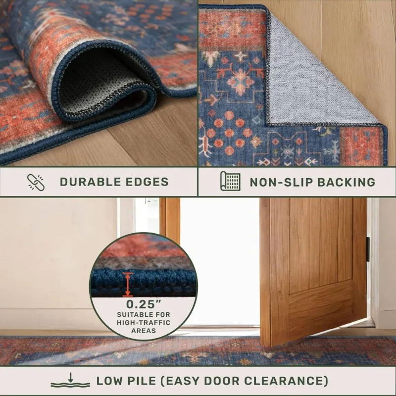 سجادة منطقة 8 × 10 قابلة للغسل باللون الأزرق الداكن، سجادة منخفضة الكومة غير قابلة للانزلاق من المطاط المقاوم للبقع، سجادة ديكور بوهو لغرفة المعيشة وغرفة النوم #5
