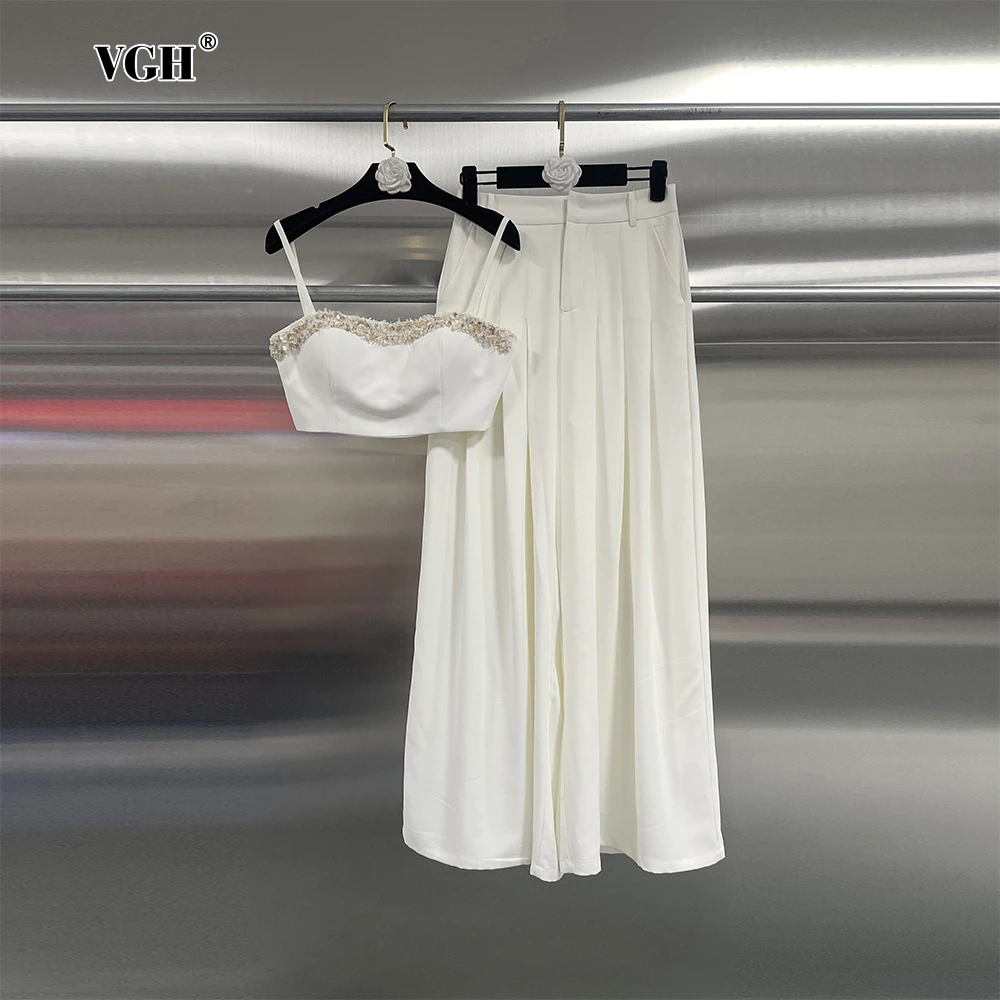 

VGH Runway Style Two Piece Set for Women Square Collar Sleeveless Vest High Waist Pleated Wide Leg Pant Chic Suit Female Summer
