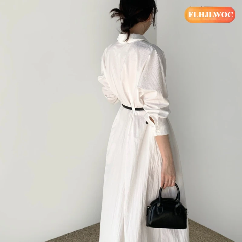Vestidos con cinturón nuevo elegante Corea Vestidos femeninos mujer manga larga Oficina señora sólido Oficina elegante largo básico vestido camisero blanco