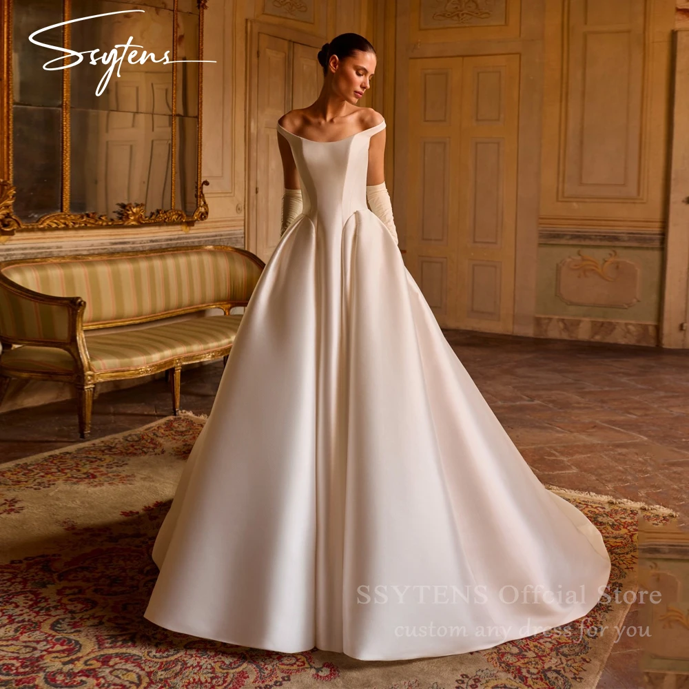 

SSYTENS Elegant Ivory Satin Wedding Dresses A-Line Strapless Pleats Fairy Bride Prom Gown Draped Vintage Bridal Gowns Customized
