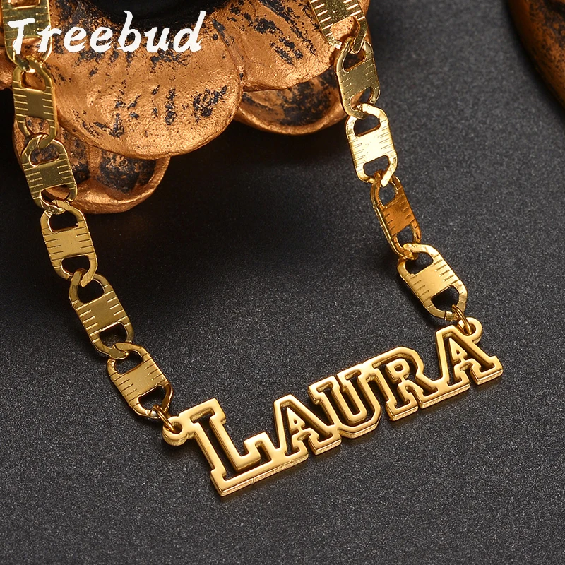 Treebud Custom Name Necklace for Women Personalized Flat Chain Hollow Letters Stainless Steel Pendant Party Jewelry Gifts