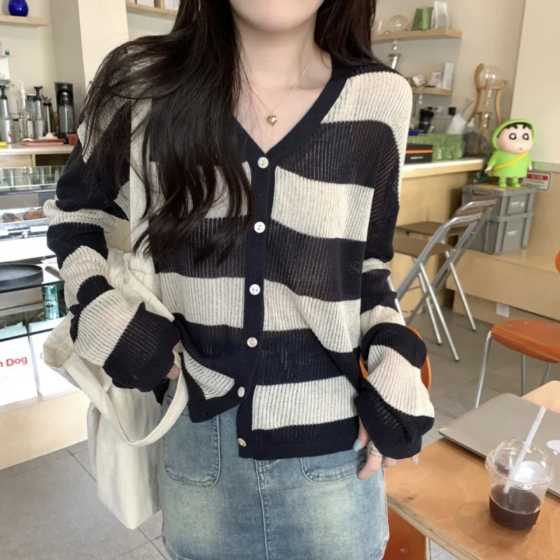 

2024 Women's V-neck Knitted Cardigan Loose and Lazy Style Long Sleeve Casual Fashion Thin Striped Sunscreen Sweater E2541