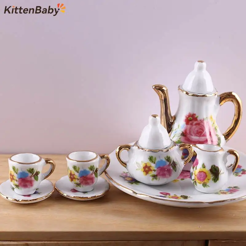 6Pcs 1/12 Dollhouse Miniature Accessories Ceramics Tea Set Kitchen Simulation Kettle Plate Cup Model Toys Doll House Decoration