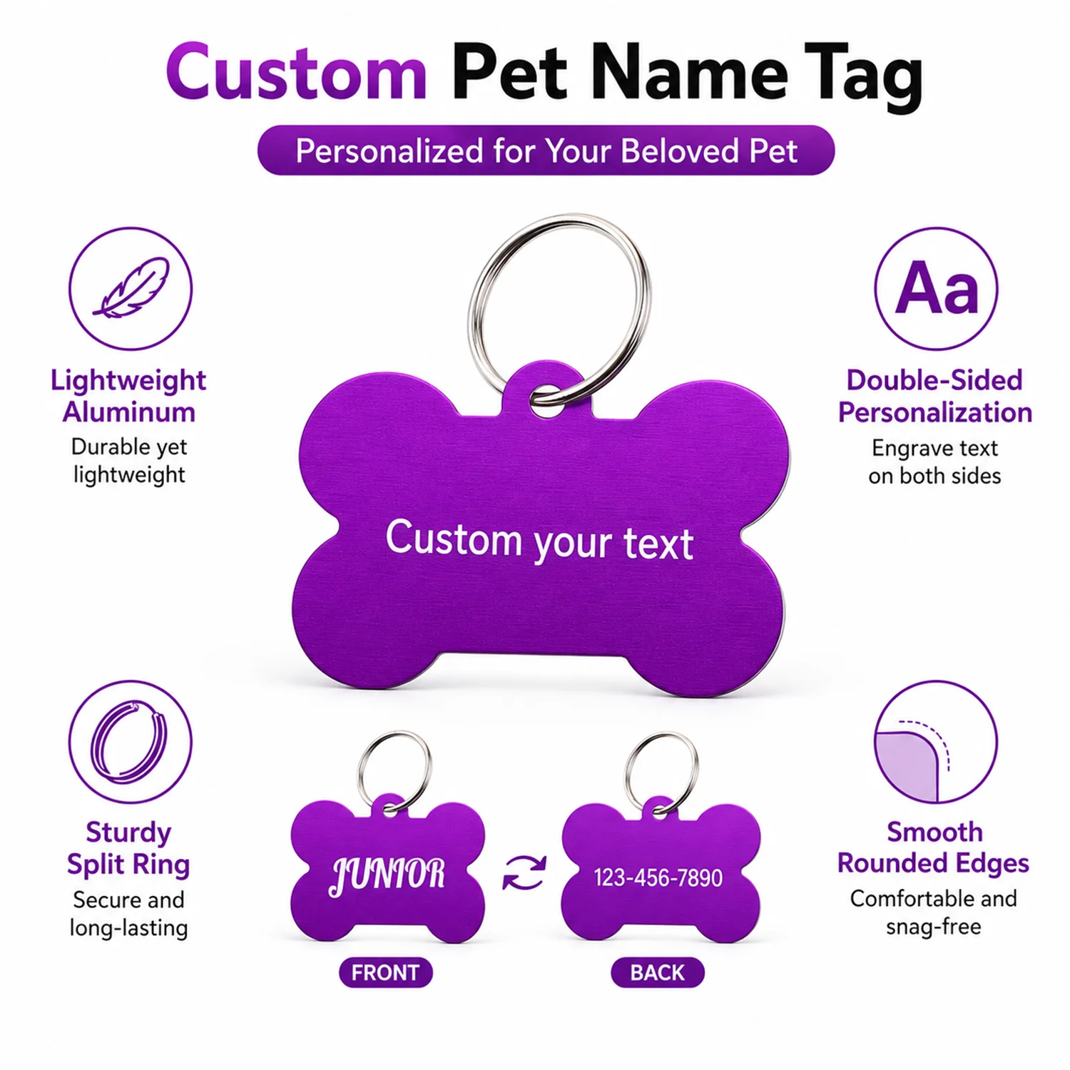 Plaque d'identification personnalisée pour chien, double face, anti-perte, en alliage d'aluminium, gravure laser, texte personnalisé, portable