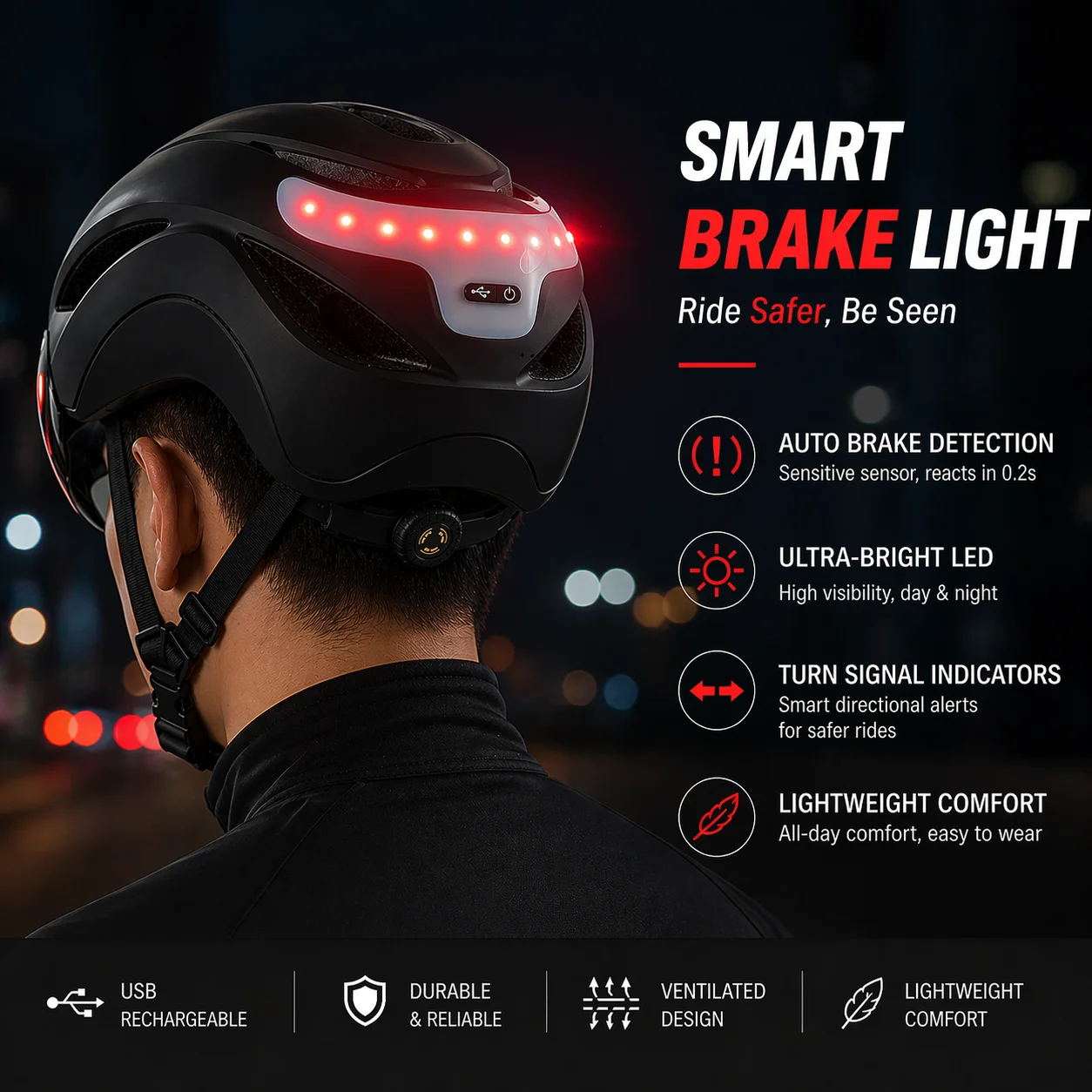 Smart Bike Helmet with Auto Brake Sensing LED Light Turn Signal USB Rechargeable Electric Scooter MTB Road Cycling Helmet