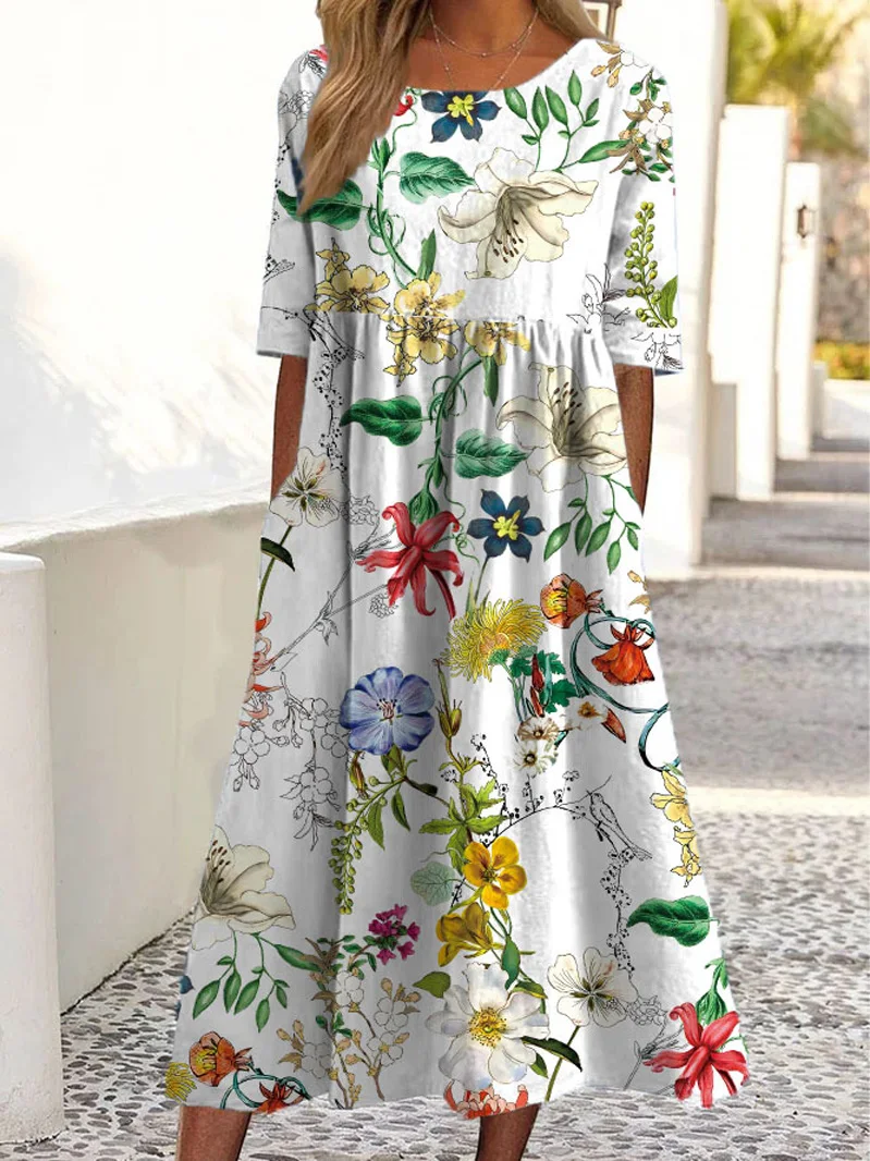 Robe ample à imprimé floral pour femmes, col rond, manches courtes, poche, Europe et États-Unis, nouvelle mode, été, 2024