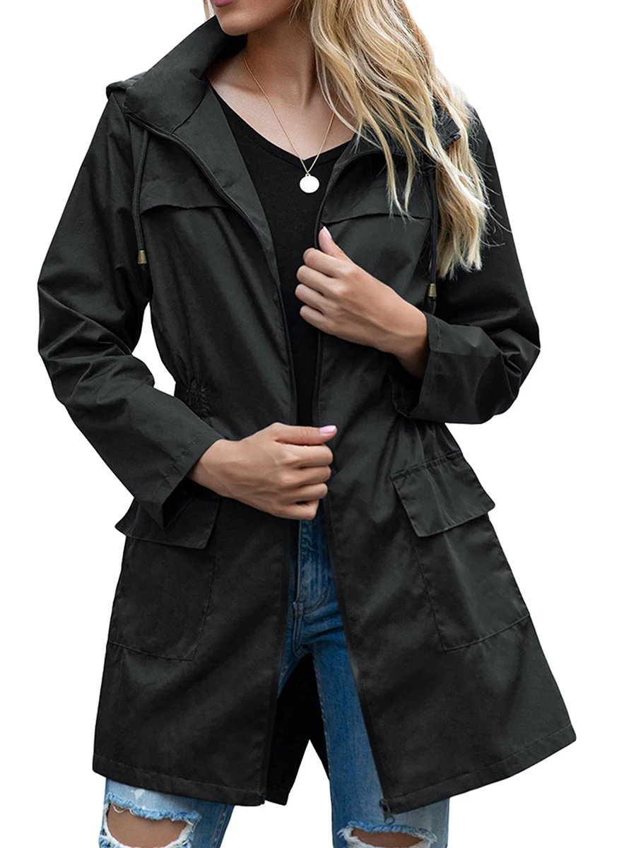 Women Light Rain Jacket Trench Raincoat with Hood Ladies Lightweight Windproof Windbreaker Waterproof