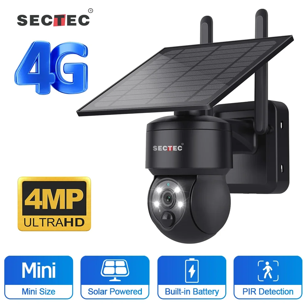 SECTEC HD 4G Batteria solare inclusa PIR Wireless Mini ad energia solare Telecamera IP PTZ di sicurezza domestica esterna Telecamera CCTV