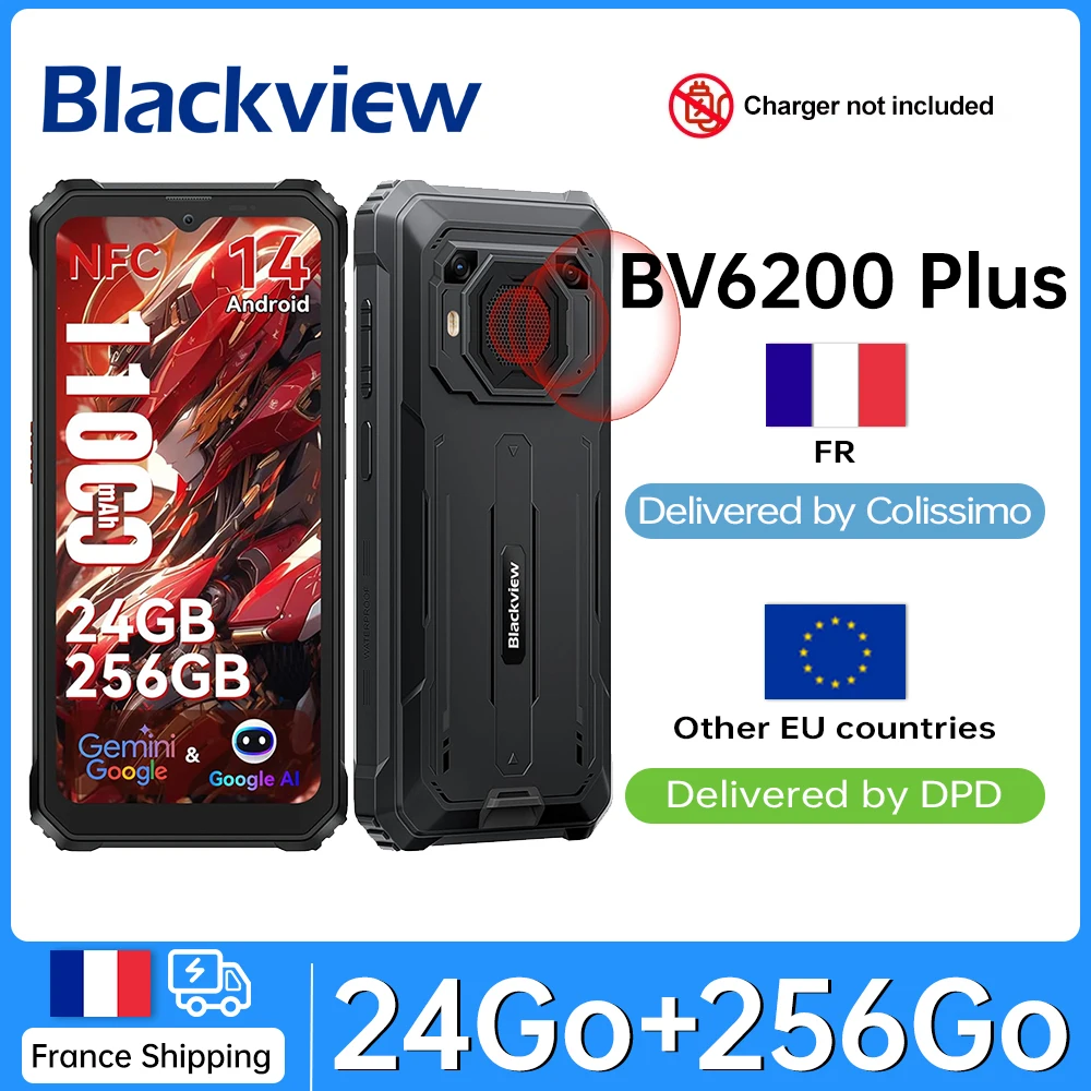 Blackview BV6200 Plus [بدون شاحن الاتحاد الأوروبي] 24 جيجابايت (8 + 16) 256 جيجابايت هاتف ذكي 11000 مللي أمبير 6.56 بوصة HD + شاشة، 16 ميجابكسل، هاتف محمول أندرويد 14