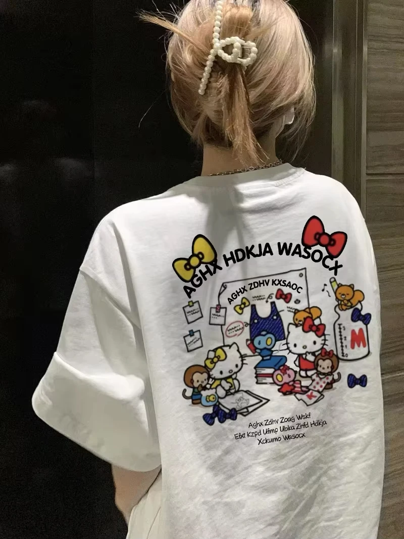 

Летняя акционная скидка 2026: Футболка Hello Kitty с леопардовым принтом, высокое качество, унисекс, ретро, повседневная, в стиле Y2K, для взрослых и детей