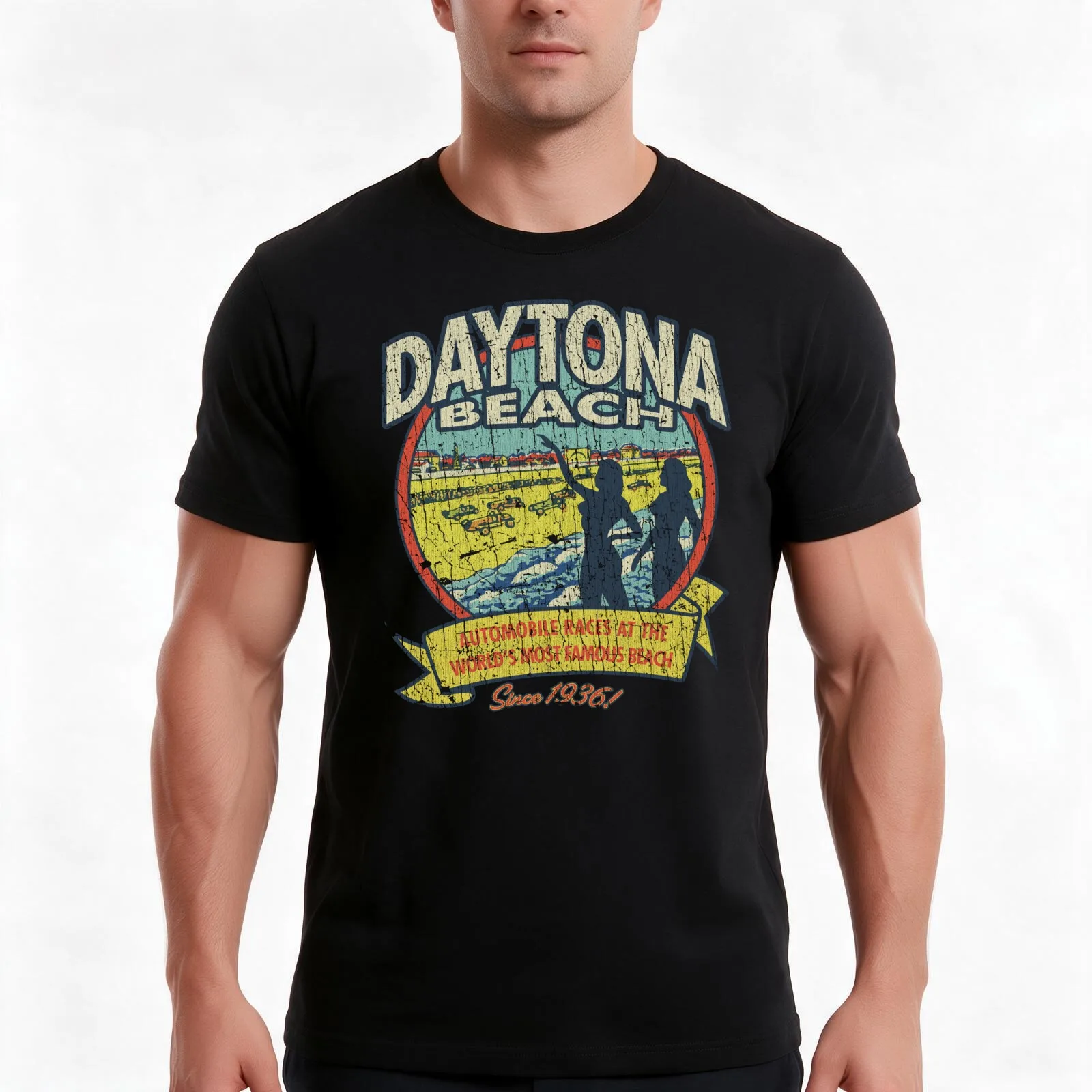 Daytona Beach Automobile Races 1936 T-Shirt, Summer Casual Cotton Tee, Oversized Streetwear Tops, Vintage Graphic Print