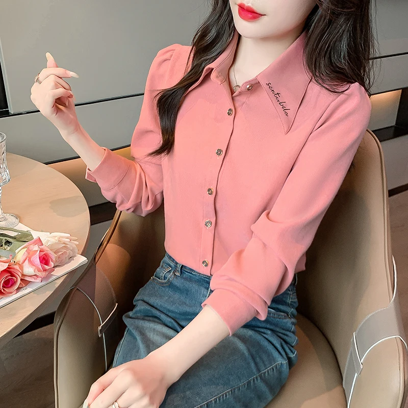 

2024 Autumn Blouse Women New Korean Fashion Commuter Shirt Embroidered Long Sleeve Shirt for Women Elegant Solid OL Womens Tops