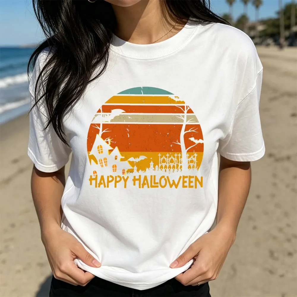 Vintage Retro Sunset Haunted House Bat Graveyard Happy Halloween Print T‑Shirt Unisex Fall Spooky Casual Cotton Short Sleeve Tee