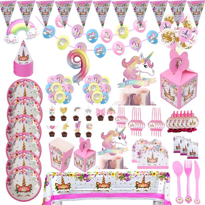 Unicorn Birthday Decoration Supplies Tableware Set Plate Cup Napkin Tablecloth Balloons Banner Backdrop Girl Party Supplies