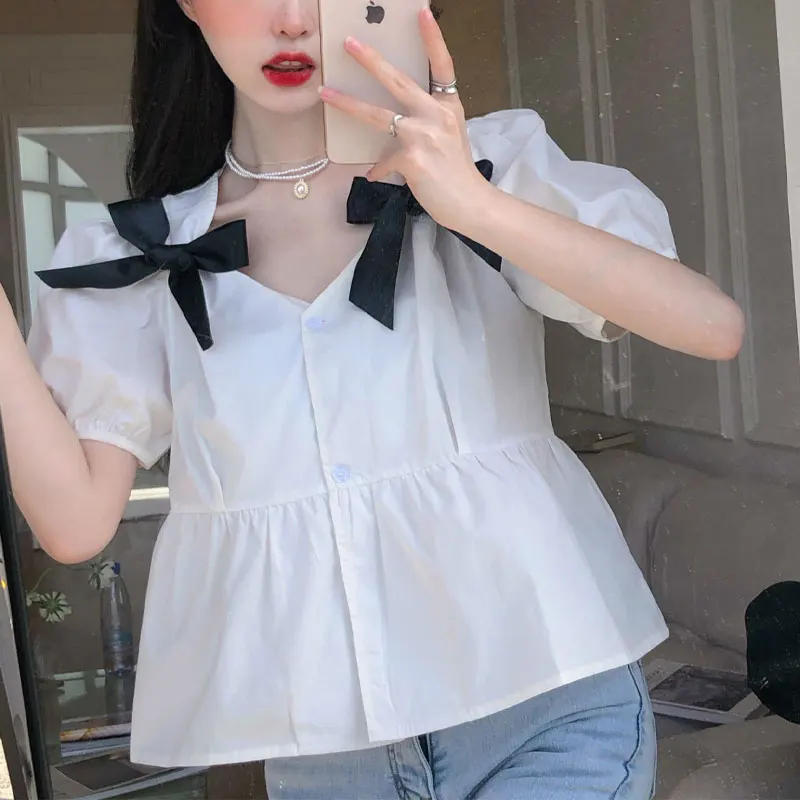 Women\'s Clothing Sweet Bow Shirt French Style Single-breasted Summer Solid Color Casual Elegant V-Neck Loose Short Sleeve Blouse