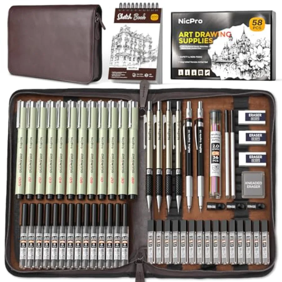 

58 PCS Art Drawing Supplies Kit in Leather Case for Professional Sketching and Drafting: Includes Metal Mechanical Pencil Set w