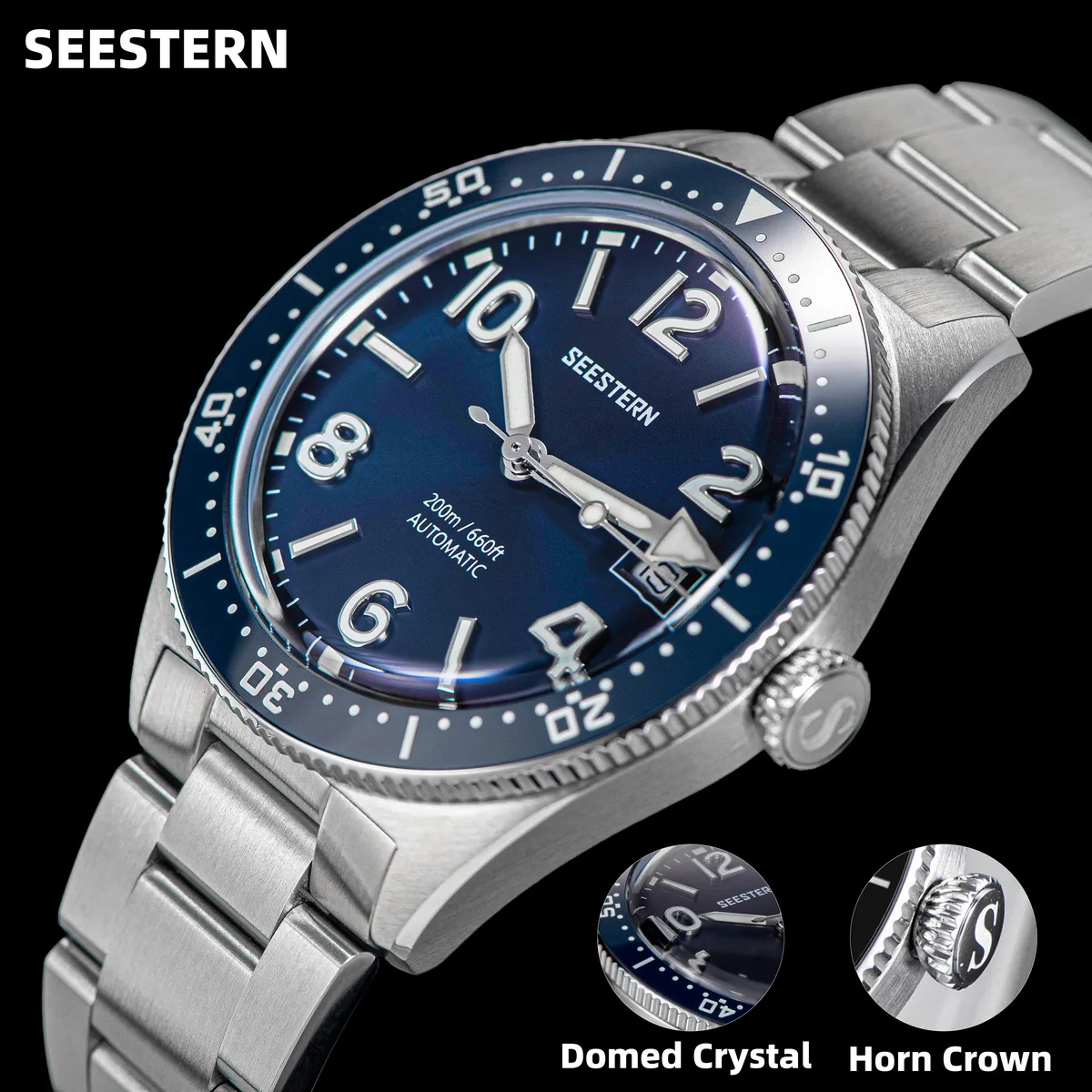 SEESTERN-reloj de buceo para hombre, pulsera mecánica automática, movimiento Seagul ST2130, 20bar, resistente al agua, cristal cúpula luminoso