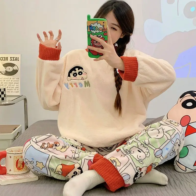 

Cute Cartoon Kawaii Crayon Shin-chan Winter Women's Round Neck Pajamas with Comic Style Embroidery Flannel for Casual Wear