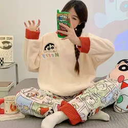 Cute Cartoon Kawaii Crayon Shin-chan Winter Women's Round Neck Pajamas with Comic Style Embroidery Flannel for Casual Wear