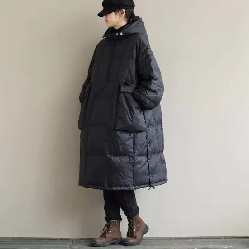 เสื้อแจ็คเก็ตผ้าฝ้ายบุขนเป็ดสำหรับผู้หญิง รุ่นใหม่ประจำฤดูใบไม้ร่วงและฤดูหนาว สไตล์เรโทร กันลม มีฮู้ด ทรงโอเวอร์ไซส์