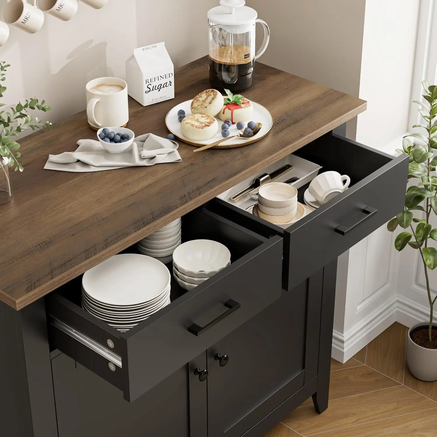 خزانة بوفيه حديثة للمزرعة مع درجين وبابين، تخزين المطبخ باللون الأسود/البني الريفي لغرفة المعيشة وغرفة الطعام والحمام