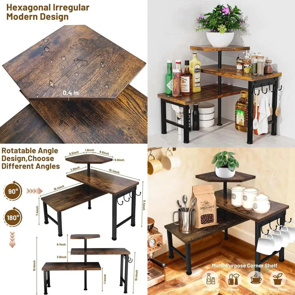 

3-х уровневый угловой органайзер для кухонной полки с крючками, идеально подходит для хранения специй, книг и ванной комнаты (коричневый)