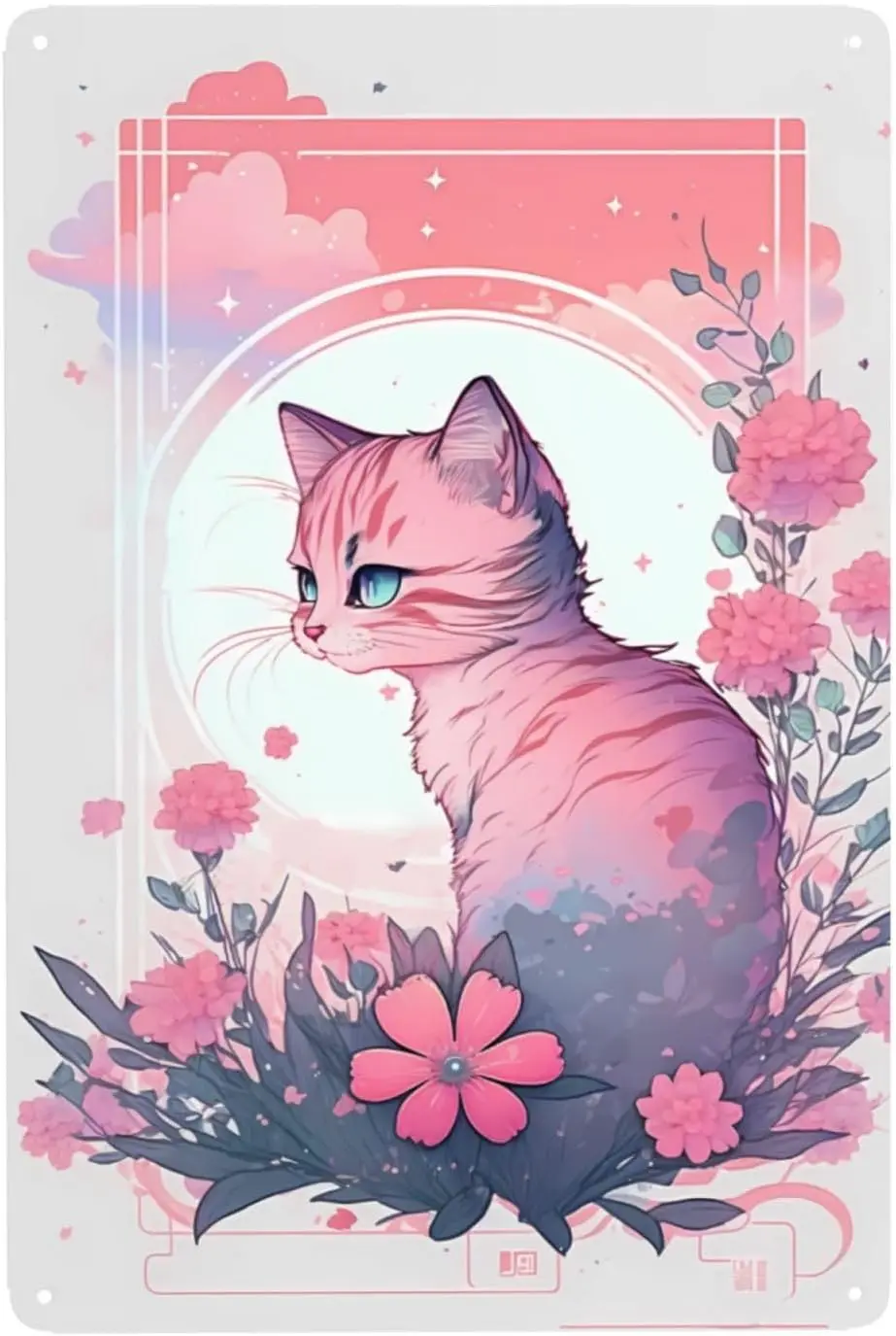 Cute Pink Cat and Flowers Metal Tin Sign Vintage, for Bedroom Home Kitchen Hotel Bar Cafe Outdoor Wall Decoration