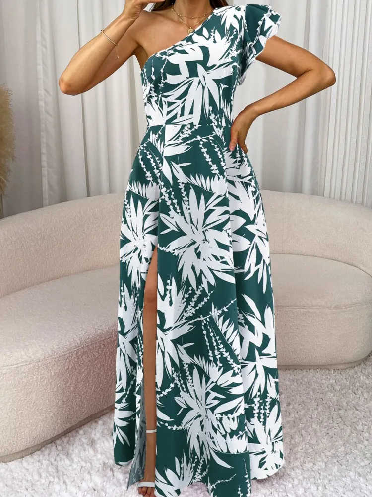 

Spring And Summer Women'S Semi-open Floral Print Maxi Dress Casual A-Line Ruffled Single High Slit Temperament Long Dress
