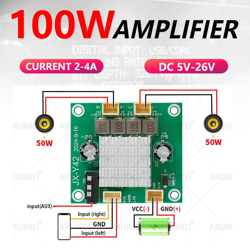 2PCS 2x50W Bluetooth 5.0 Amplifier Kit with Black Case & Remote, DC 8-26V Wide Voltage for Car Home