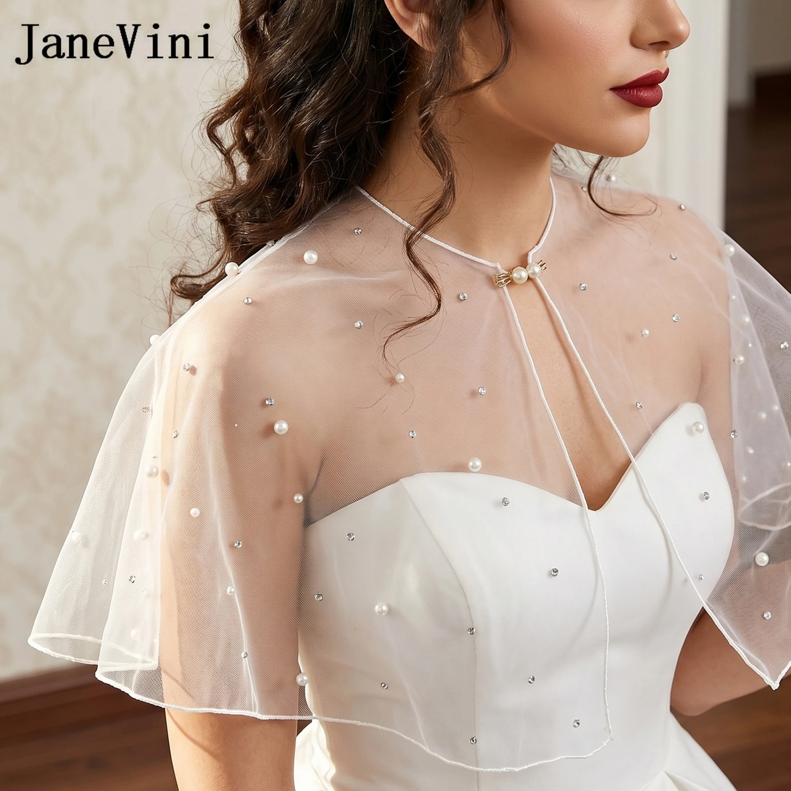JaneVini Elegant Sheer Tulle Pearl Bridal Capelet Shoulder Cape Wedding Dress Wraps Shawl Cover Up Bride Cloak Hochzeit Schal
