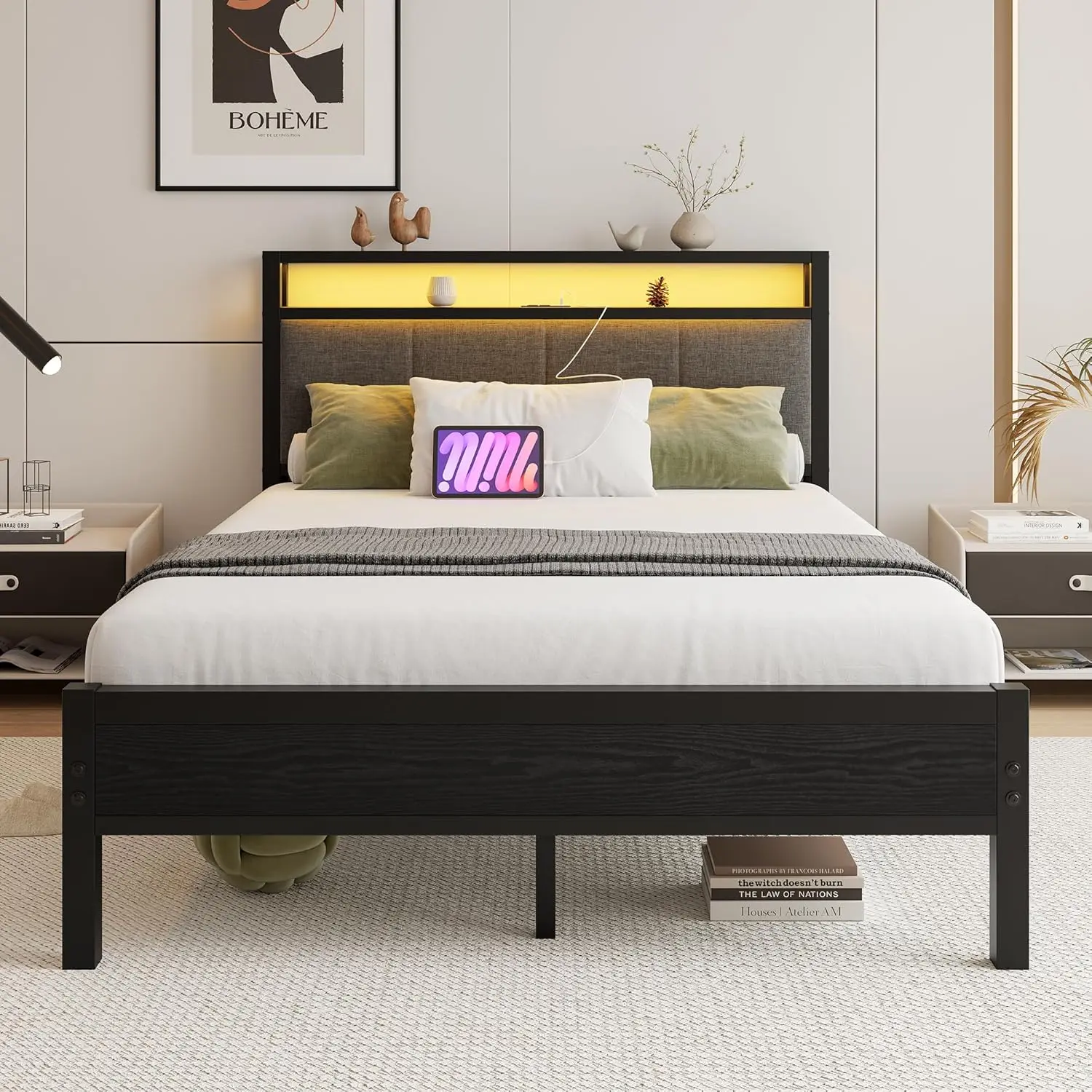 

Size Bed Frame with LED Lights, Upholstered Headboard with Storage Shelves&Charging Station, Heavy Duty LED Bed Frame Full M