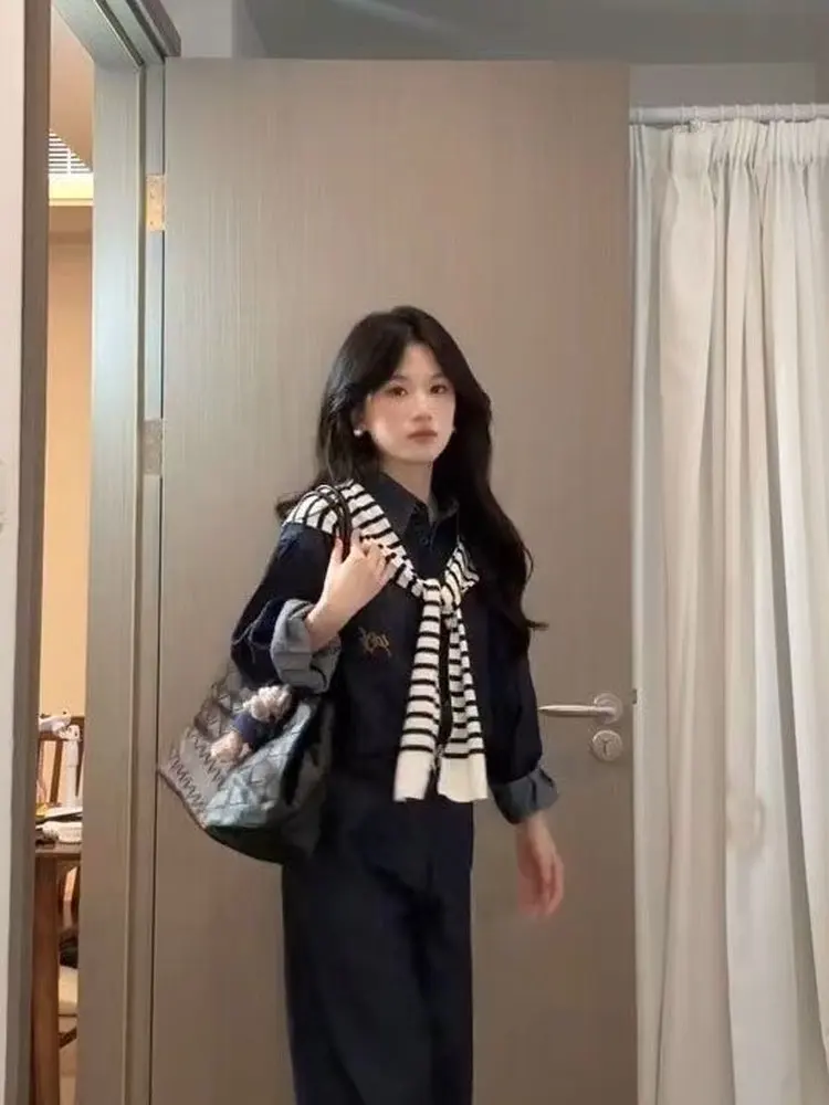 

Fall Denim Set 2025 New Women's Wide Leg Pants Beautiful Two Piece Set Korean Style Early Autumn Complete Outfit Casual Fashion