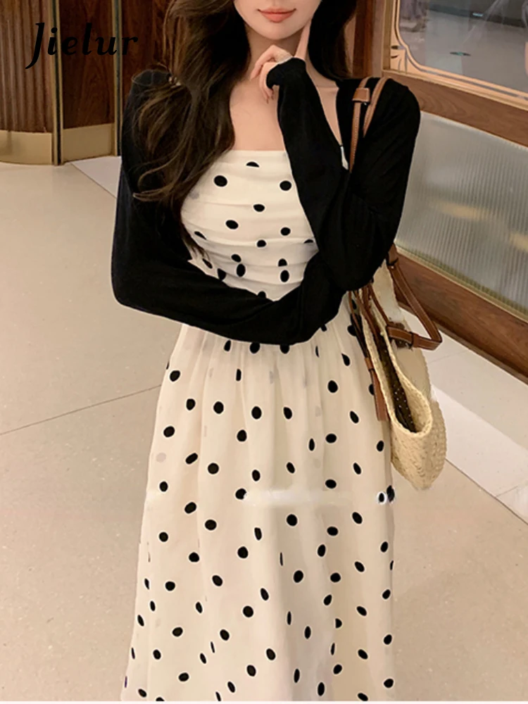 Jielur Summer Elegant Vintage Midi Dress Women Sleeveless Strap Formal Dress Office Lady Casual Outwear Slim Korean Fashion Chic