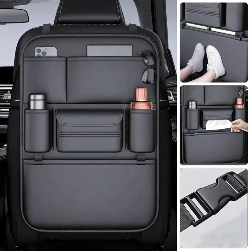 6‑Pocket Car Seat Back Storage Organizer, Wear‑Resistant Waterproof Anti‑Kick Pad with Tissue Cup Holder for Car Backseat view 4