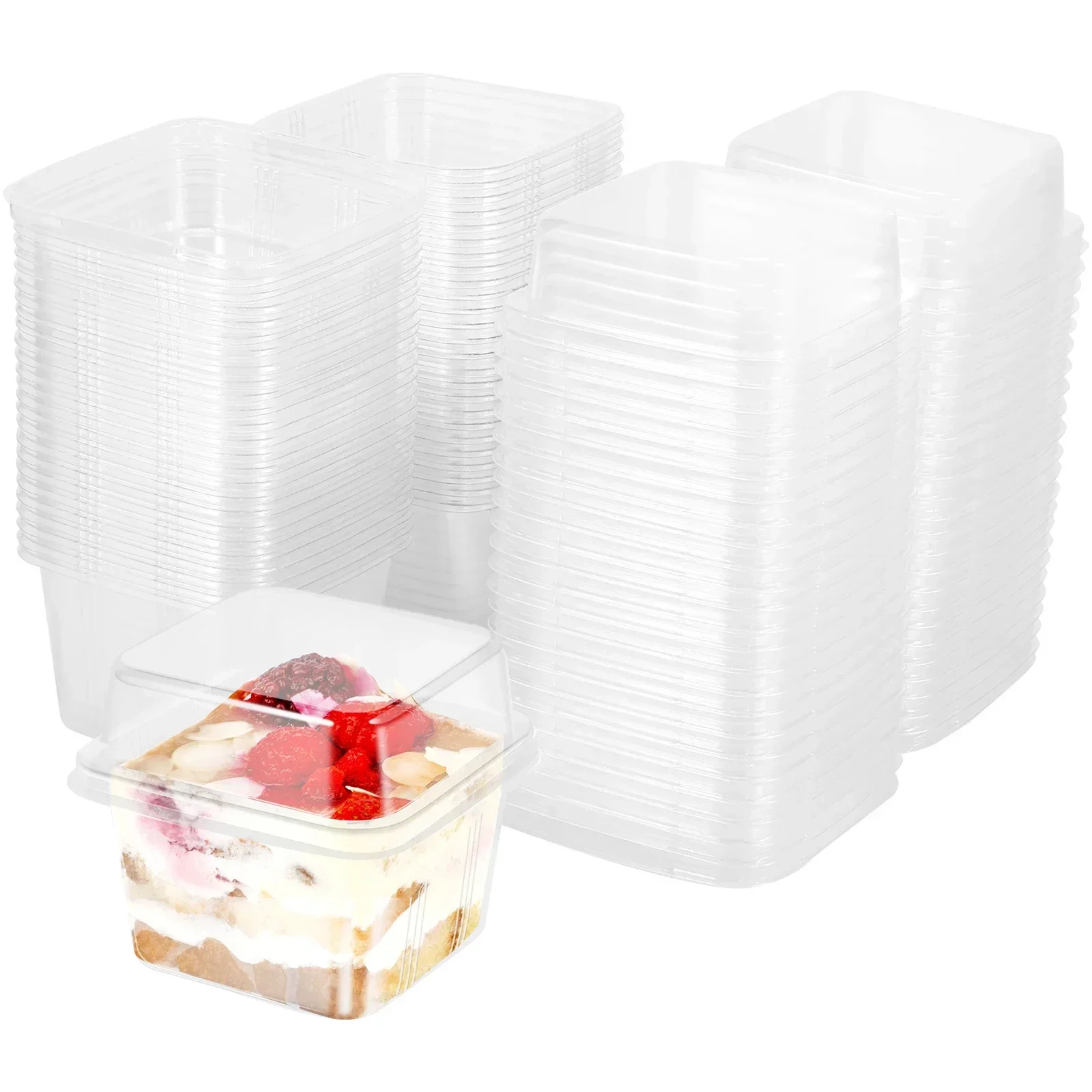 100Pcs Disposable Dessert Cups with Lids 8oz Reusable Cupcake Container Clear Square Single Dessert Box Sealed Cake Storage Box