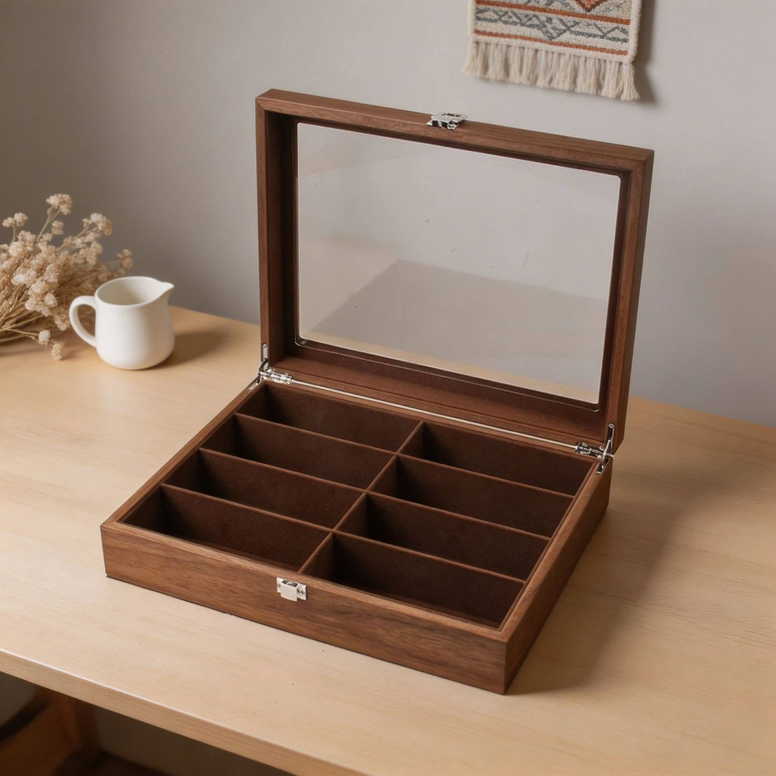 Sunglasses Organizer with Glass Lid Wood-Grain Eyewear Box with Transparent Lid Eyeglasses Storage Box Rectangular