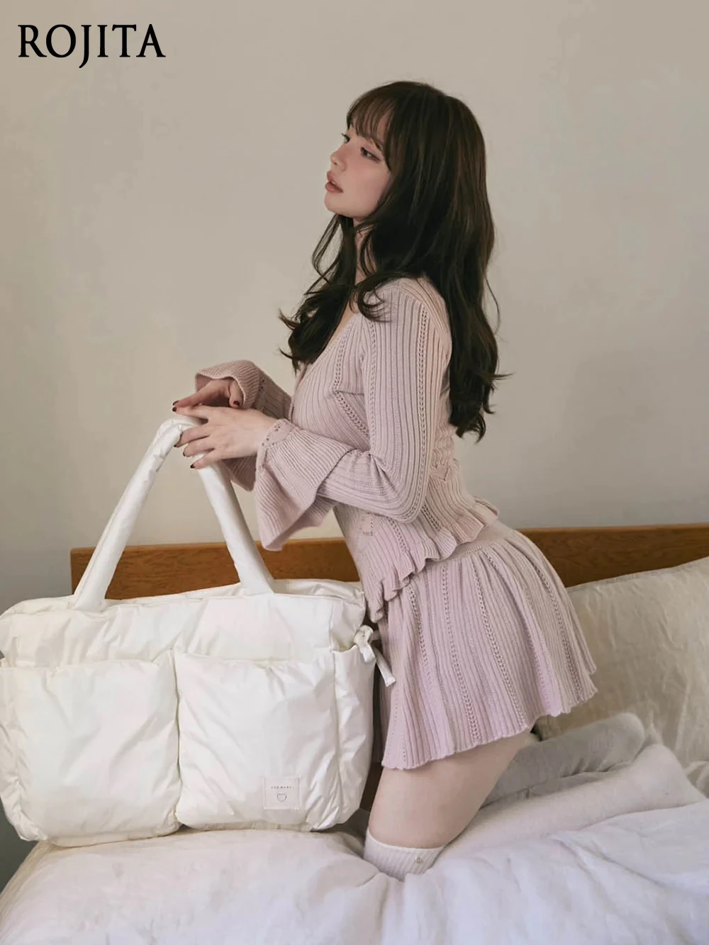 

Pink Skirt Sets 2025 Autumn New Sweet Fungus Edge Knitted Long-sleeved Cardigan A Line Mini Skirt Sets Women Outfits