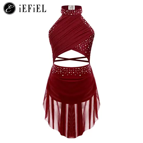 Traje de baile lírico de Jazz moderno para niñas, vestido de leotardo con tirantes Halter y diamantes brillantes, traje de Ballet, Ropa de baile de salón