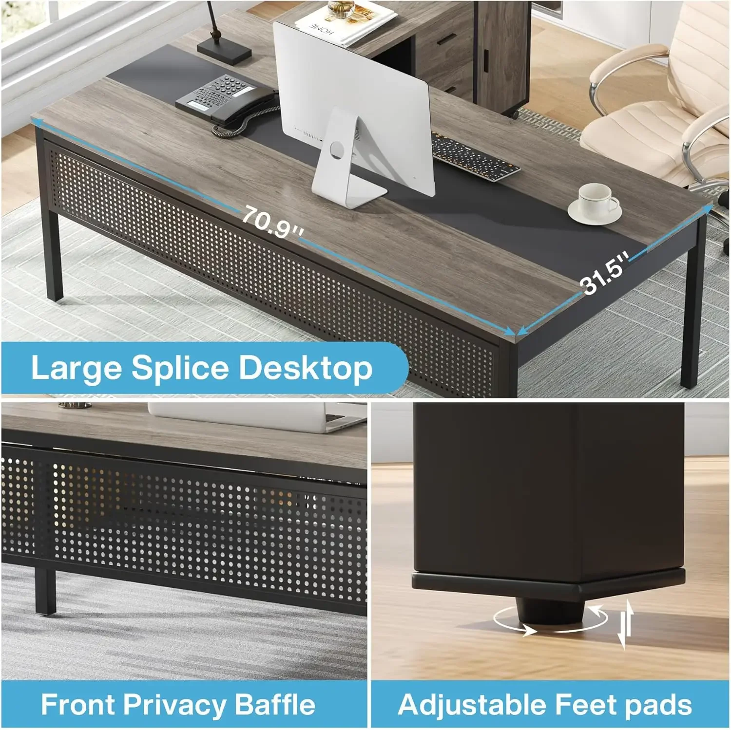 70.8" Large Executive Office Desk and 47" Lateral File Cabinet Combo, L-Shaped Computer Desk Business Furniture with Drawers