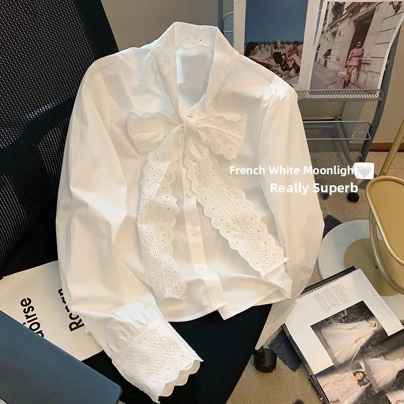 

White Lace Trim Knot V-Neck Shirt Women's Spring 2025 New Design Korean Style Loose Fit Cotton Princess Sleeve