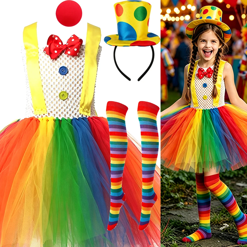 Buntes Regenbogen-Clown-Tutu-Kleid für Mädchen, Weihnachten, Halloween, Neujahrsparty, lustiges Zirkus-Clown-Kostüm für Kinder, Geschenk 1-12 Jahre – Detail 2