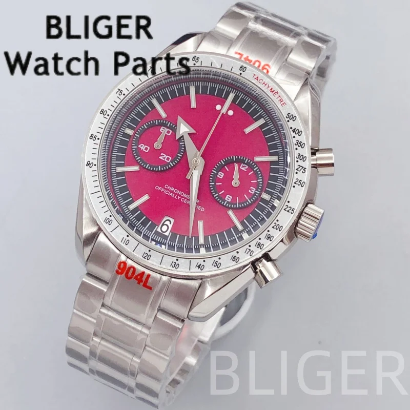 BLIGER 40MM VK64 Quartz Watch Men's Moon Chronograph Watches Burgundy Red Dial Luminous Coated Glass 5Bar Diving Reloj Hombre