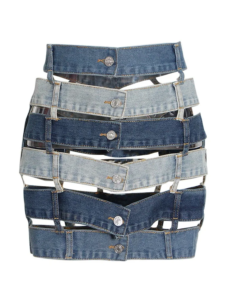 Hollow Out Patchwork Denim Skirts High Waist Single Breasted Colorblock Slim Summer A Line Mini Bodycon Skirt Female