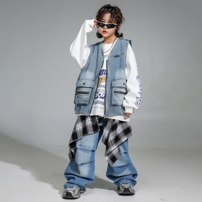 Boys Hip Hop Pullover Street Dance Denim Cargo Pants Girls K-pop Outfits Kids Jazz Sport Clothes Sets Children Stage Streetwear